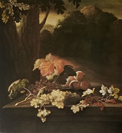 Fruit on a stone table in front of a wooded hilly landscape by Adriaen Coorte