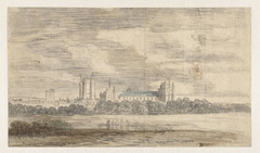 Gezicht op het kasteel van Vincennes, achter een rij bomen by Abraham de Verwer