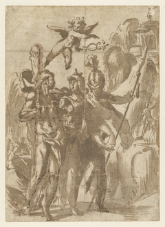 Hercules en Scipio geleid door Minerva op het pad der deugd by Bartholomeus Spranger