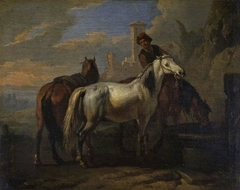 Horses drinking at a fountain by Pieter van Bloemen