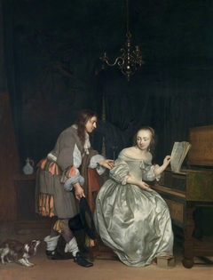 Interior with a Lady at a Spinet and a Gentleman Offering Her a Glass of Wine by Gabriël Metsu