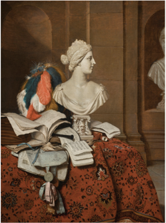 Interior with a still life of a bust, books, a lute and a feathered hat arranged on a table covered with an oriental rug by Horatius Paulijn