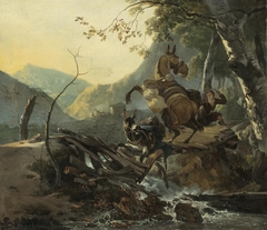 Italianate Landscape with a Donkey and a Rearing Horse Crossing a Collapsing Bridge by Adam Pynacker