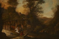 Landscape with a Wooden Bridge and two Women escaping from a Man by Flemish School