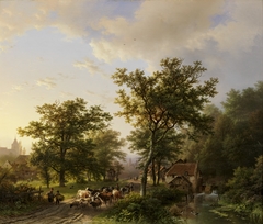 Landschap met watermolen en veedrijvende boeren by Barend Cornelis Koekkoek