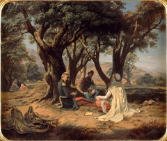 Le duc d'Aumale assis au bois des Oliviers avec le commandant Durrieu et l'agha Chourar by Pierre-Antoine Labouchère