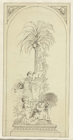 Paneelvulling met drie putti en palmboom by Johannes van Dregt