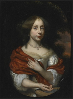 Portrait of a young lady wearing a red cloak at a fountain by Nicolaes Maes