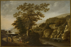 Rhine landscape with a waterfall by Claes Jansz van der Willigen