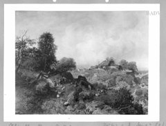 scenery with farmer's hut, cattle and women by Emil Jakob Schindler