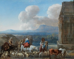 Shepherds and travellers by a triumphal arch in the Roman Campagna by Jan van den Hecke