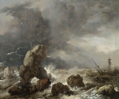 Ships in a storm off a rocky coast by Philips Wouwerman