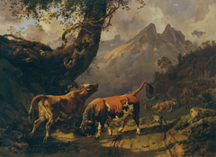 Stier, eine Kuh verfolgend, im Hintergrund Landschaft bei Carrara by Johann Nepomuk Rauch