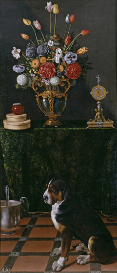 Still Life with a Vase of Flowers and a Dog by Juan van der Hamen