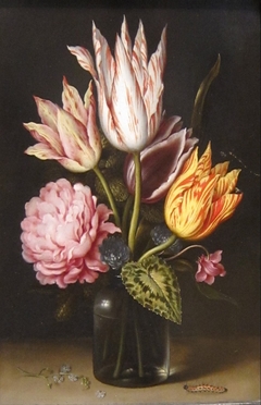 Still Life with Bouquet of Tulips, a Rose, Clover, and Cyclamen in a Green Glass Bottle by Ambrosius Bosschaert