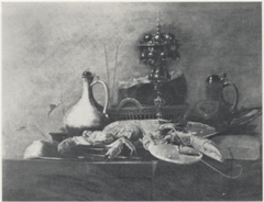 Still life with columbine cup, stone ware jug and lobster by François Ryckhals