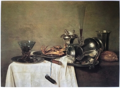 Still life with upturned Jan Steen pitcher, crab, and drinking vessels by Willem Claesz Heda