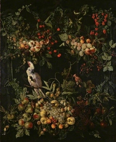 Swags of fruit and flowers surrounding a cartouche with a sulphur-crested cockatoo by Jan van Kessel the Elder