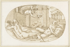 Twee vrouwelijke naaktfiguren en een Mercurius by Unknown Artist