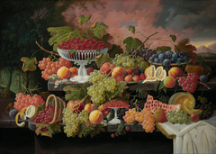 Two-Tiered Still Life with Fruit and Sunset Landscape by Severin Roesen