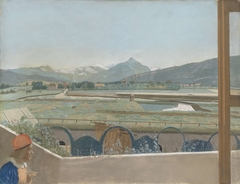 Uitzicht op het Mont Blanc-massief vanuit het atelier van de kunstenaar te Genève, met zelfportret by Jean-Etienne Liotard