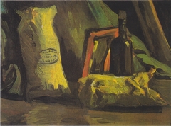 Still life with two bags and bottle by Vincent van Gogh