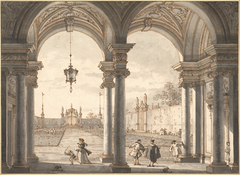 View through a Baroque Colonnade into a Garden by Canaletto