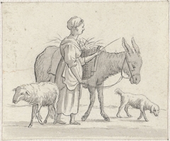 Vrouw met ezel, schaap en hond by Pieter de Goeje