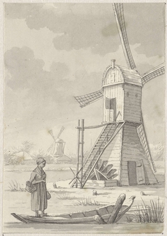 Vrouw staand op een bootje voor een windmolen by Pieter de Goeje