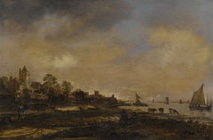 Wide River Landscape with Castle and Village by Aert van der Neer