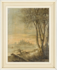 Winters landschap met op de achtergrond een stad by Albert Martin