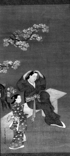 Woman Binding Her Hair and Attendant under Flowering Cherry Tree by Miyagawa Chōshun