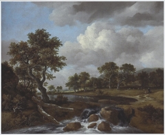 Wooded Landscape with a Shepherd and Low Waterfall by Jacob van Ruisdael