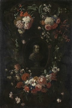 Wreath of Flowers encircling a Portrait of Hieronymus van Weert, Martyr of Gorkum by David Teniers II