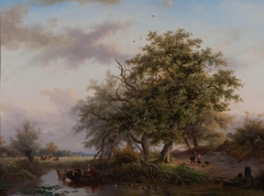 Zomerlandschap met vissersbootje op vijver by Fredrik Marinus Kruseman