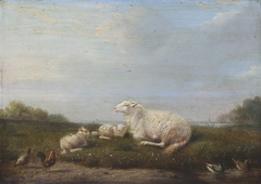 A Ewe and Two Lambs with Poultry in a Landscape by Franz van Severdonck