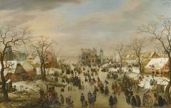 A panoramic Winter landscape with a multitude of figures on a frozen river by Hendrick Avercamp