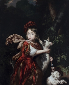 A Portrait of a young Boy dressed as a Hunter with a Goat and a Dog by Nicolaes Maes