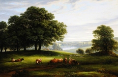 A View of Calke Park with a View of Lower Dog Kennel Pond, Figures, Cattle and Sheep by John Glover