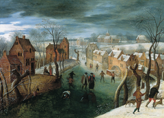 A Winter Landscape with a Village, Skaters on a Frozen River, and  Hunters in the Foreground by Jacob Grimmer