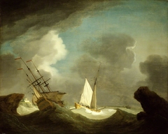 An Indiaman and a Royal Yacht in a Storm off a Rocky Coast with a Castle by Peter Monamy