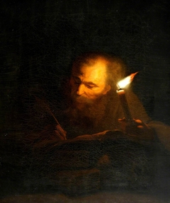 An Old Man writing a Book by Candlelight by Godfried Schalcken