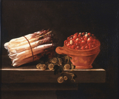 Asparagus, Gooseberries and Strawberries on a Stone Ledge by Adriaen Coorte