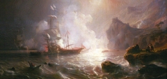 Battle of a French ship of the line and two galleys of the Barbary corsairs by Théodore Gudin