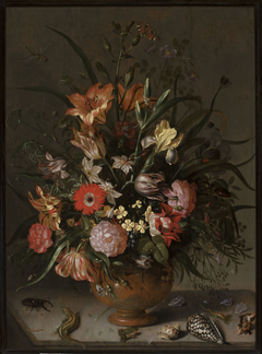 Bouquet of flowers in a vase, insects and tiny creatures by Jacob Marrel