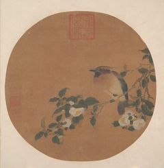 Branch of Tree with Flowers and Bird of Waxwing Family by Anonymous