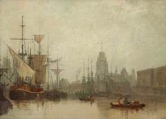 Bristol Docks with St Mary Redcliffe Church beyond by Unknown Artist