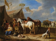 Camp scene with a woman nursing a baby by Pieter van Bloemen