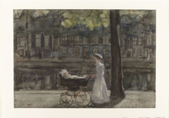 Dienstmeisje met kinderwagen by Isaac Israels