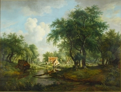 Een boomrijk landschap met een beek by Jan Hulswit